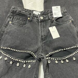 Forever 21 Black Straight-Leg Jeans with Crystal Trim